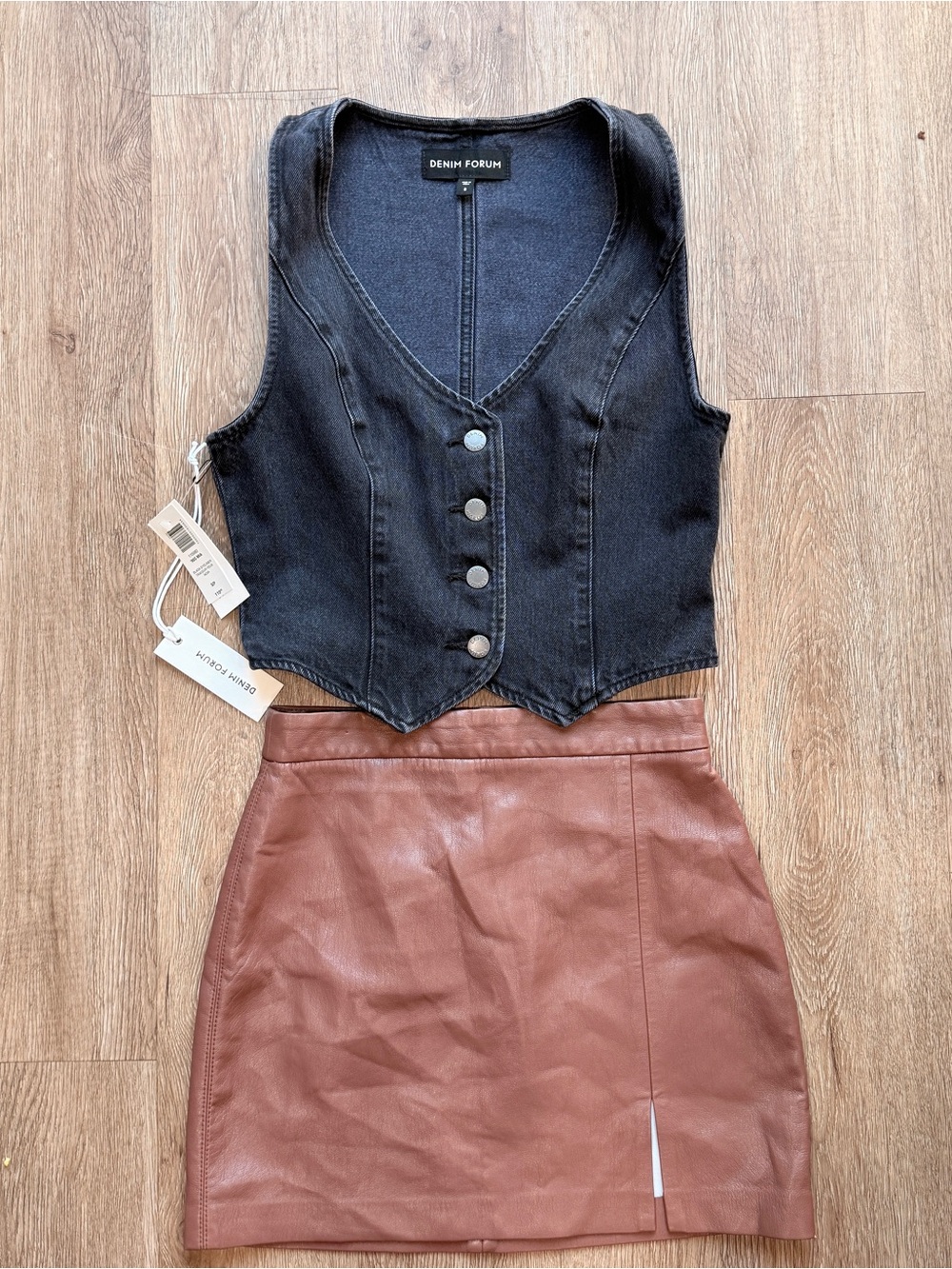 Denim Forum Black Denim Vest + Wilfred Faux Leather Mini Skirt | Size S / 2